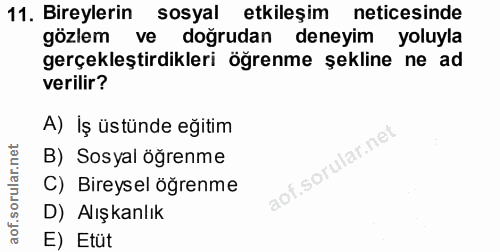 11. soru: Bireylerin sosyal etkileşim neticesinde gözlem • ve doğrudan deneyim yoluyla gerçekleştirdikleri öğrenme şekline ne a…