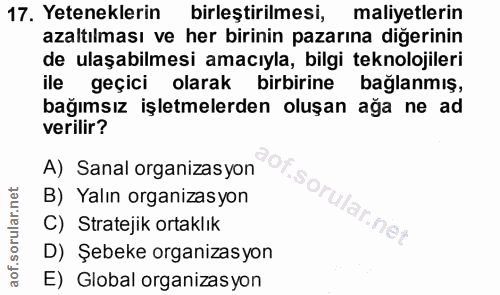 17. soru: Yeteneklerin birleştirilmesi, maliyetlerin azaltılması ve her birinin pazarına diğerinin de ulaşabilmesi amacıyla, bi…