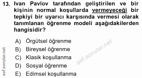 13. soru: Ivan Pavlov tarafından geliştirilen ve bir kişinin normal koşullarda vermeyeceği bir tepkiyi bir uyarıcı karşısında v…