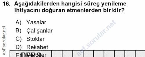 16. soru: Aşağıdakilerden hangisi süreç yenileme ihtiyacını doğuran etmenlerden biridir? A) Yasalar B) Çalışanlar orular.ne C)…