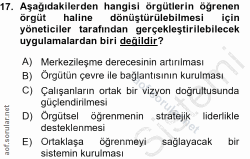 17. soru: Aşağıdakilerden hangisi örgütlerin öğrenen örgüt haline dönüştürülebilmesi için yöneticiler tarafından gerçekleştiril…