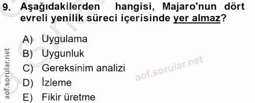 9. soru: Aşağıdakilerden hangisi, Majaro'nun dört evreli yenilik süreci içerisinde yer almaz? A) Uygulama B) Uygunluk C) Gerek…