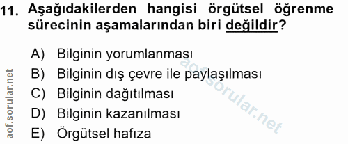 11. soru: Aşağıdakilerden hangisi örgütsel öğrenme sürecinin aşamalarından biri değildir? A) Bilginin yorumlanması B) Bilginin…