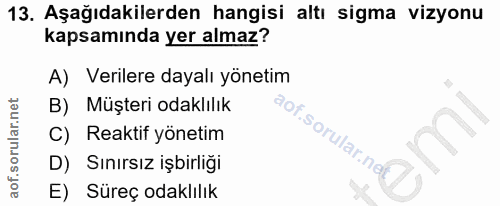 13. soru: Aşağıdakilerden hangisi altı sigma vizyonu kapsamında yer almaz? A) Verilere dayalı yönetim B) Müşteri odaklılık C) R…