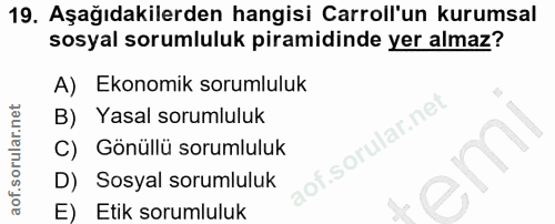 19. soru: Aşağıdakilerden hangisi Carroll'un kurumsal sosyal sorumluluk piramidinde yer almaz? A) Ekonomik sorumluluk B) Yasal…