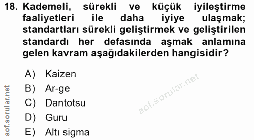 18. soru: Kademeli, sürekli ve küçük iyileştirme faaliyetleri ile daha iyiye ulaşmak; standartları sürekli geliştirmek ve geliş…