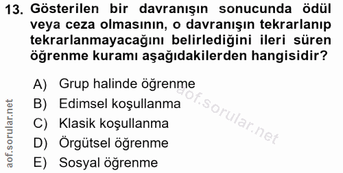13. soru: Gösterilen bir davranışın sonucunda ödül veya ceza olmasının, o davranışın tekrarlanıp tekrarlanmayacağını belirlediğ…