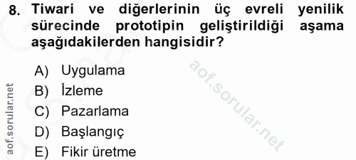 8. soru: Tiwari ve diğerlerinin üç evreli yenilik sürecinde prototipin geliştirildiği aşama aşağıdakilerden hangisidir? A) Uyg…
