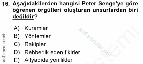 16. soru: Aşağıdakilerden hangisi Peter Senge'ye göre öğrenen örgütleri oluşturan unsurlardan biri değildir? A) Kuramlar B) Yön…