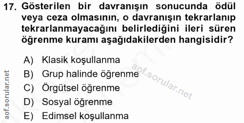 17. soru: Gösterilen bir davranışın sonucunda ödül veya ceza olmasının, o davranışın tekrarlanıp tekrarlanmayacağını belirlediğ…
