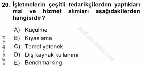 20. soru: İşletmelerin çeşitli tedarikçilerden yaptıkları mal ve hizmet alımları aşağıdakilerden hangisidir? A) Küçülme B) Kıya…