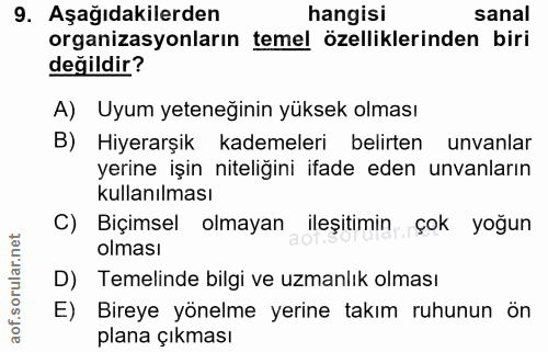9. soru: Aşağıdakilerden hangisi sanal organizasyonların temel özelliklerinden biri değildir? A) Uyum yeteneğinin yüksek olmas…