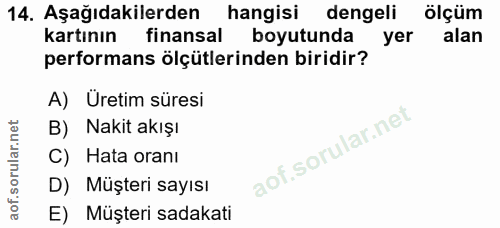 14. soru: Aşağıdakilerden hangisi dengeli ölçüm kartının finansal boyutunda yer alan performans ölçütlerinden biridir? A) Ureti…