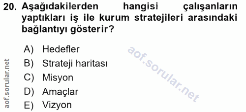 20. soru: Aşağıdakilerden hangisi çalışanların yaptıkları iş ile kurum stratejileri arasındaki bağlantıyı gösterir? A) Hedefler…