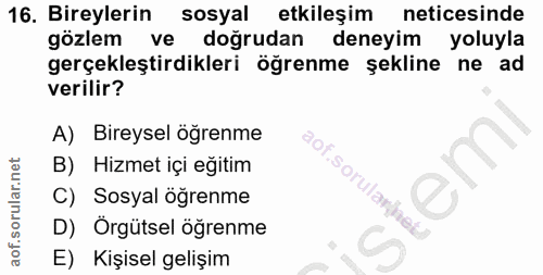 16. soru: Bireylerin sosyal etkileşim neticesinde gözlem ve doğrudan deneyim yoluyla gerçekleştirdikleri öğrenme şekline ne ad…