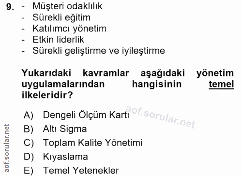 9. soru: - Müşteri odaklılık - Sürekli eğitim - Katılımcı yönetim - Etkin liderlik - Sürekli geliştirme ve iyileştirme Yukarıd…