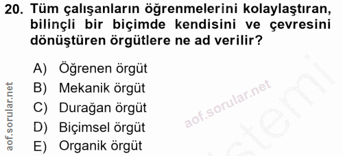 20. soru: Tüm çalışanların öğrenmelerini kolaylaştıran, bilinçli bir biçimde kendisini ve çevresini dönüştüren örgütlere ne ad…