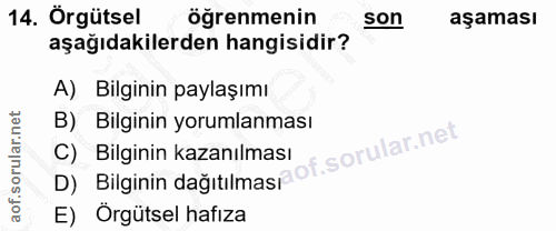 14. soru: Örgütsel öğrenmenin son aşaması aşağıdakilerden hangisidir? A) Bilginin paylaşımı B) Bilginin yorumlanması D) Bilgini…
