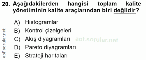 20. soru: Aşağıdakilerden hangisi toplam kalite yönetiminin kalite araçlarından biri değildir? A) Histogramlar B) Kontrol çizel…