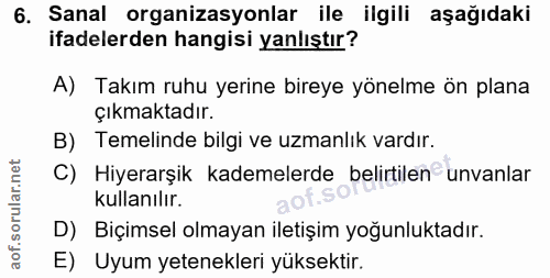 6. soru: Sanal organizasyonlar ile ilgili aşağıdaki ifadelerden hangisi yanlıştır? A) Takım ruhu yerine bireye yönelme ön plan…