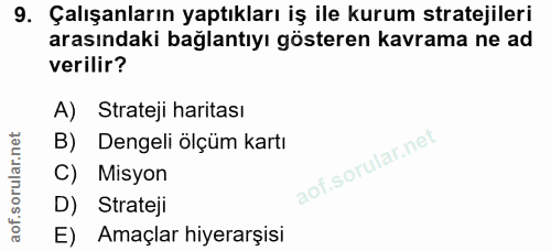 9. soru: Çalışanların yaptıkları iş ile kurum stratejileri arasındaki bağlantıyı gösteren kavrama ne ad verilir? A) Strateji h…