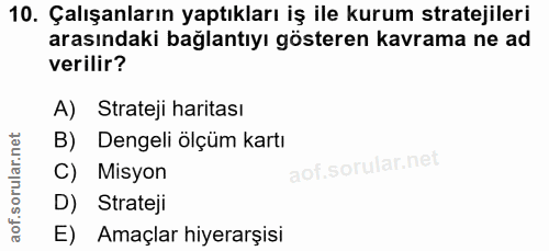 10. soru: Çalışanların yaptıkları iş ile kurum stratejileri arasındaki bağlantıyı gösteren kavrama ne ad verilir? A) Strateji h…