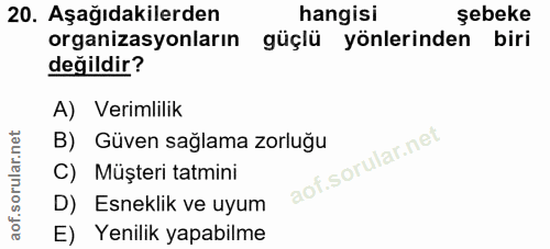 20. soru: Aşağıdakilerden hangisi şebeke organizasyonların güçlü yönlerinden biri değildir? A) Verimlilik B) Güven sağlama zorl…