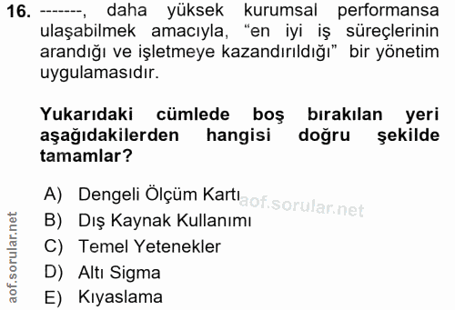 16. soru: daha yüksek kurumsal performansa ulaşabilmek amacıyla, "en iyi iş süreçlerinin arandığı ve işletmeye kazandırıldığı"…