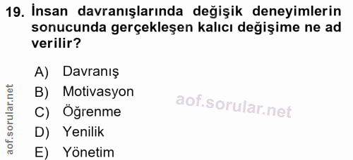 19. soru: İnsan davranışlarında değişik deneyimlerin sonucunda gerçekleşen kalıcı değişime ne ad verilir? A) Davranış B) Motiva…