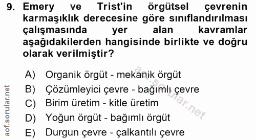 9. soru: Emery ve Trist'in örgütsel çevrenin karmaşıklık derecesine göre sınıflandırılması çalışmasında yer alan kavramlar aşa…