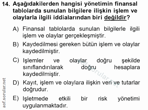 14. soru: Aşağıdakilerden hangisi yönetimin finansal tablolarda sunulan bilgilere ilişkin işlem ve olaylarla ilgili iddialarınd…