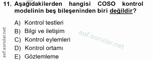 11. soru: Aşağıdakilerden hangisi COSO kontrol modelinin beş bileşeninden biri değildir? A) Kontrol testleri B) Bilgi ve iletiș…