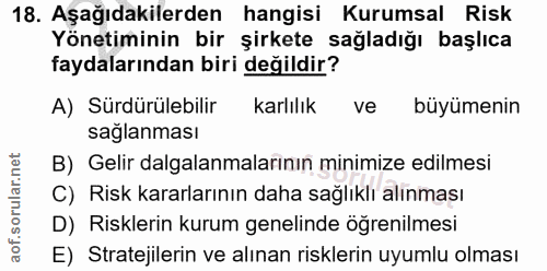 18. soru: Aşağıdakilerden hangisi Kurumsal Risk Yönetiminin bir şirkete sağladığı başlıca faydalarından biri değildir? A) Sürdü…