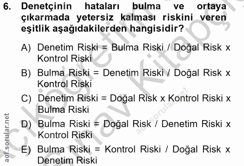 6. soru: Denetçinin hataları bulma ve ortaya çıkarmada yetersiz kalması riskini veren eşitlik aşağıdakilerden hangisidir? A) D…