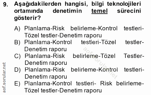 9. soru: Aşağıdakilerden hangisi, bilgi teknolojileri ortamında denetimin temel sürecini gösterir? A) Planlama-Risk belirleme-…