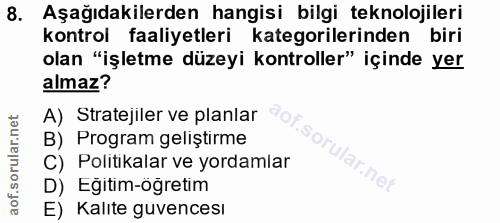 8. soru: Aşağıdakilerden hangisi bilgi teknolojileri kontrol faaliyetleri kategorilerinden biri olan "işletme düzeyi kontrolle…