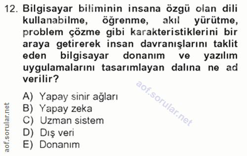 12. soru: Bilgisayar biliminin insana özgü olan dili kullanabilme, öğrenme, akıl yürütme, problem çözme gibi karakteristiklerin…