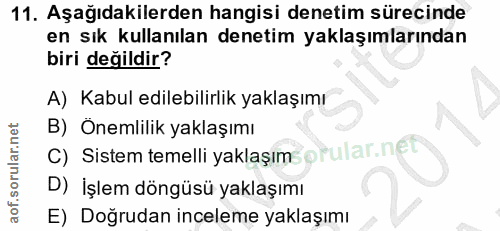11. soru: Aşağıdakilerden hangisi denetim sürecinde en sık kullanılan denetim yaklaşımlarından biri değildir? A) Kabul edilebil…