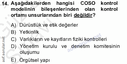 14. soru: Aşağıdakilerden hangisi COSO kontrol modelinin bileşenlerinden olan kontrol ortamı unsurlarından biri değildir? A) Dü…
