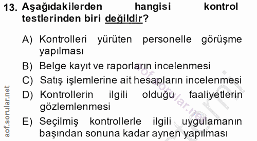 13. soru: Aşağıdakilerden hangisi kontrol testlerinden biri değildir? A) Kontrolleri yürüten personelle görüşme yapılması B) Be…