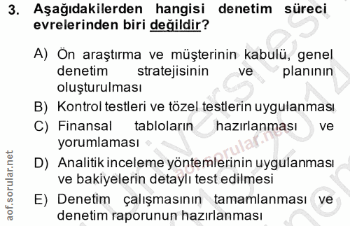 3. soru: Aşağıdakilerden hangisi denetim süreci evrelerinden biri değildir? A) On araştırma ve müşterinin kabulü, genel deneti…