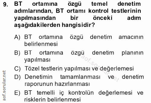 9. soru: BT ortamına özgü temel denetim adımlarından, BT ortamı kontrol testlerinin yapılmasından bir önceki adım aşağıdakiler…