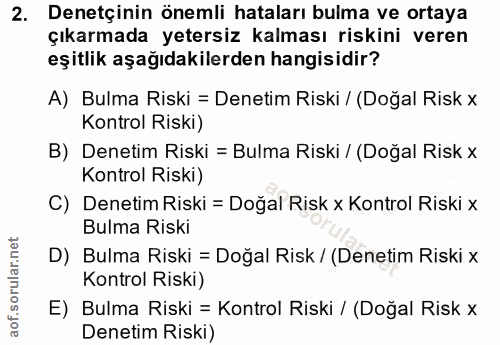 2. soru: Denetçinin önemli hataları bulma ve ortaya çıkarmada yetersiz kalması riskini veren eşitlik aşağıdakilerden hangisidi…