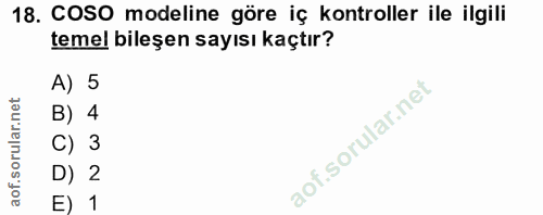 18. soru: COSO modeline göre iç kontroller ile ilgili temel bileşen sayısı kaçtır? A) 5 B) 4 C) 3 D) 2 E) 1