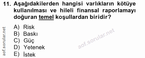11. soru: Aşağıdakilerden hangisi varlıkların kötüye kullanılması ve hileli finansal raporlamayı doğuran temel koşullardan biri…