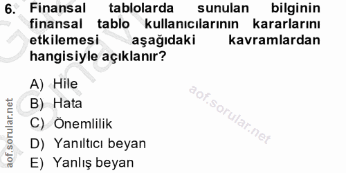 6. soru: Finansal tablolarda sunulan bilginin finansal tablo kullanıcılarının kararlarını etkilemesi aşağıdaki kavramlardan ha…