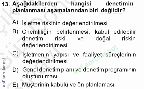 13. soru: Aşağıdakilerden hangisi denetimin planlanması aşamalarından biri değildir? A) İşletme riskinin değerlendirilmesi B) O…