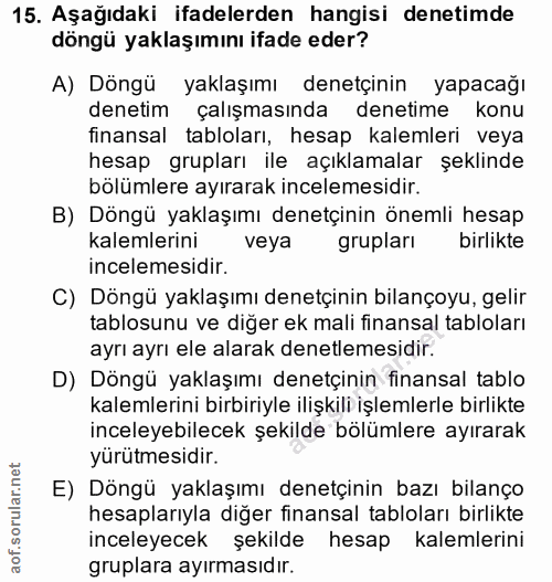 15. soru: Aşağıdaki ifadelerden hangisi denetimde döngü yaklaşımını ifade eder? A) Döngü yaklaşımı denetçinin yapacağı denetim…