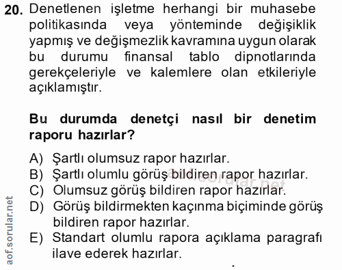 20. soru: Denetlenen işletme herhangi bir muhasebe politikasında veya yönteminde değişiklik yapmış ve değişmezlik kavramına uyg…