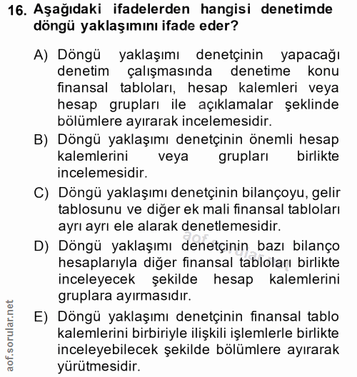 16. soru: Aşağıdaki ifadelerden hangisi denetimde döngü yaklaşımını ifade eder? A) Döngü yaklaşımı denetçinin yapacağı denetim…